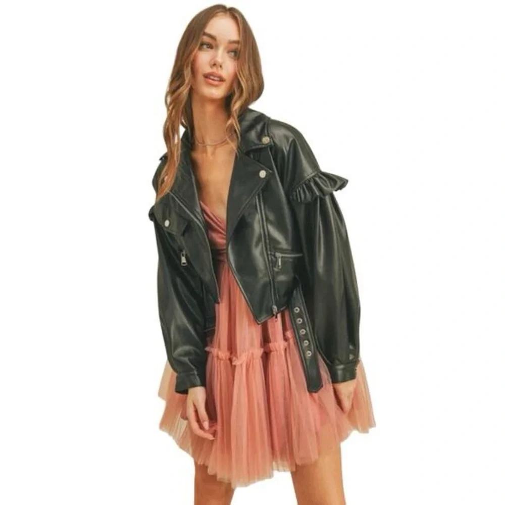 Women’s Chic Black Leather Jacket with Ruffle Sleeves Pockets Snap Buttons - Picture 1 of 9